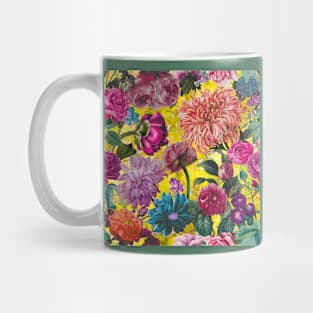 vintage flowers and leaves pattern, botanical pattern, floral illustration, yellow vintage floral over a Mug